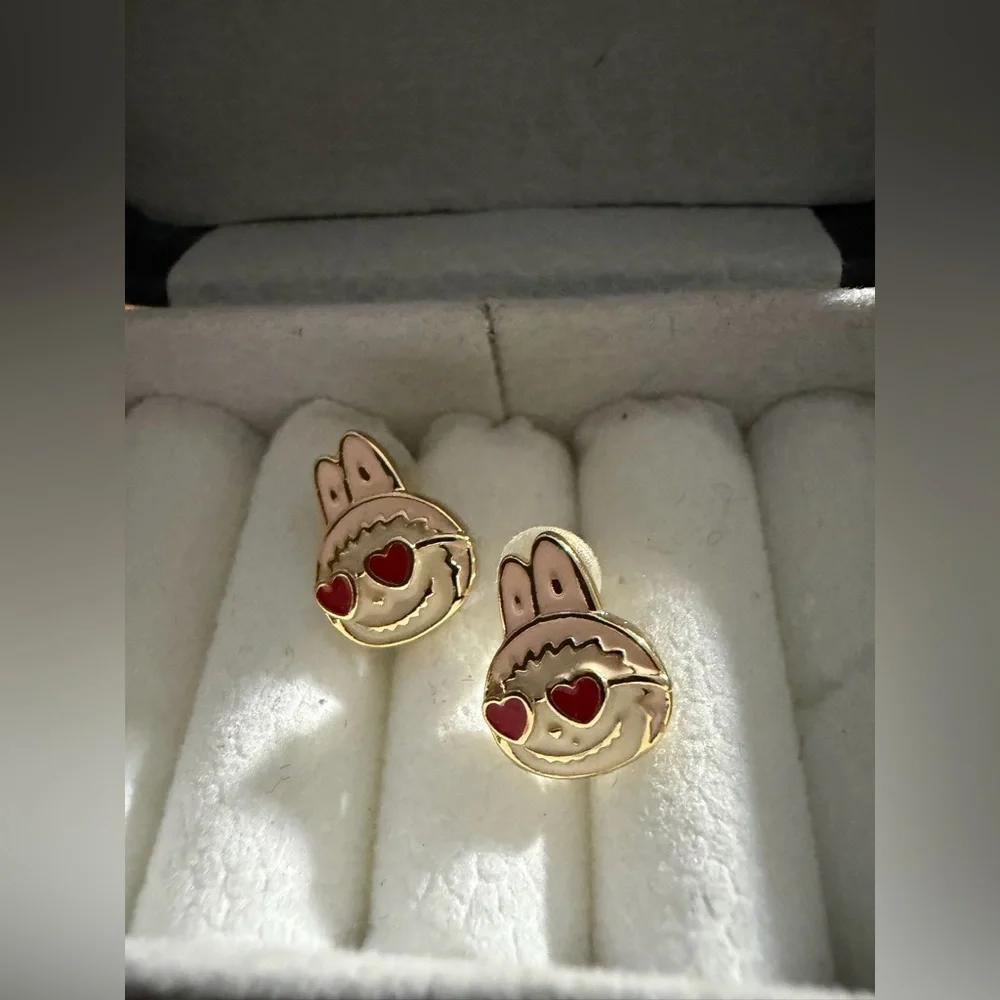 14K Gold Labubu Pink w Heart Sunnies Theme Enamel Stud Earrings Kawaii Boutique - Picture 4 of 7